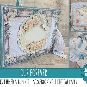 Puede incluir: Un álbum de recortes decorativo con una cubierta floral adornada con rosas rosadas, una mariposa blanca y detalles de encaje. El álbum incluye esquinas metálicas, un dije lateral con cintas y páginas internas con bolsillos y etiquetas Our Forever.