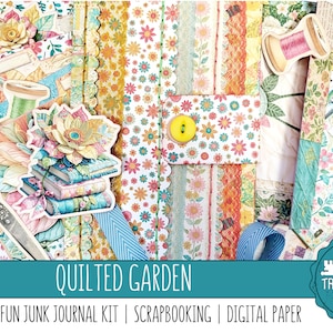 JARDIN MATELASSÉ : kit de carnet de bords décoratifs très amusants à coudre, embellissements, papiers de scrapbooking numériques, impression et fabrication, papiers design, fabrication de cartes