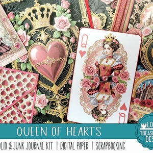 May include: A digital paper pack featuring a Queen of Hearts theme. The pack includes a playing card with a queen in a red dress, a heart with a keyhole, and a castle with roses. The text "Queen of Hearts" and "Lost Treasure Designs" is also included.