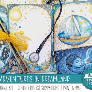 AVONTUREN IN DREAMLAND: folio- en dagboekpakket, op volkskunst geïnspireerde dromerkit met versieringen, digitaal plakboek, afdrukken en maken