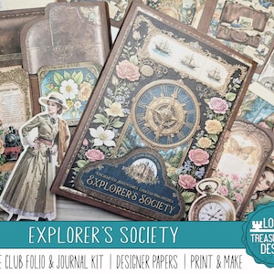 EXPLORER’S SOCIETY: Victorian Adventure Club Folio & Junk Journal Kit, abbellimenti, carte per album digitali, stampa e crea, papercraft