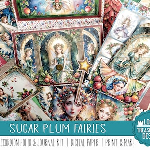 May include: A digital paper pack featuring illustrations of fairies with wings, flowers, and a whimsical Christmas theme. The text "Sugar Plum Fairies" is displayed in a banner across the bottom of the image. The text "A Holiday Accordion Folio & Journal Kit | Digital Paper | Print & Make" is displayed below the banner. The text "Lost Treasure Designs" is displayed in a circle with a keyhole in the lower right corner of the image.