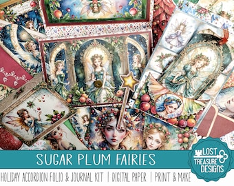 FÉES DE PRUNE À SUCRE : un kit d&#39;étuis pour accordéon et de journal indésirable pour les Fêtes. Embellissements, Papiers numériques pour scrapbooking, Impression et fabrication, Cadeaux de Noël