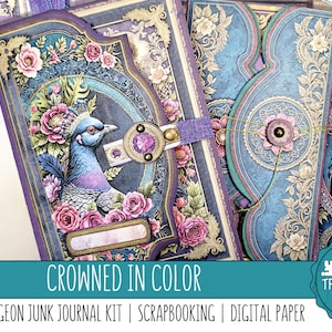 CROWNED IN COLOR: A Victoria Pigeon Folio & Junk Journal Kit. Embellishments, Digital Scrapbook Papers, Print and Make, Designer papers, fun