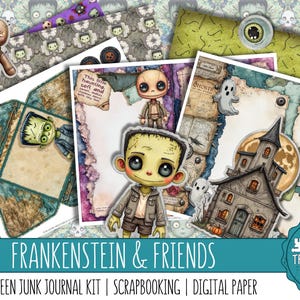 Pode incluir: Um kit de diário de lixo com tema de Halloween com Frankenstein e amigos. O kit inclui papel digital, elementos de scrapbook e ilustrações do monstro de Frankenstein, fantasmas e casas assombradas.