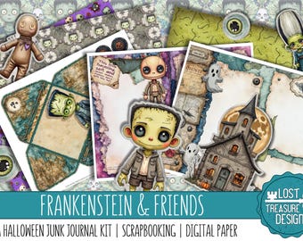 Halloween Junk Journal Kit: Frankenstein & Friends, Scrapbook Embellishments (Digital Download)