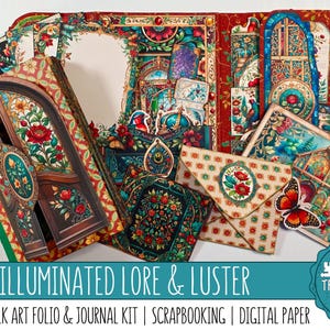 May include: A collection of medieval folk art journal kit elements. The designs feature floral and architectural motifs in shades of red, green, and teal. The text "ILLUMINATED LORE & LUSTER" is displayed on a teal banner, with the words "LOST TREASURE DESIGNS" in a circular logo.