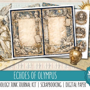Könnte beinhalten: Eine Sammlung von Scrapbook-Elementen zum Thema griechische Mythologie. Das Bild zeigt Tagebuchseiten, Illustrationen griechischer Figuren, ein geflügeltes Pferd, einen Helm und eine dekorative Vase. Die Farbpalette umfasst Beige-, Blau- und Goldtöne. Der Text "ECHOES OF OLYMPUS" ist sichtbar.