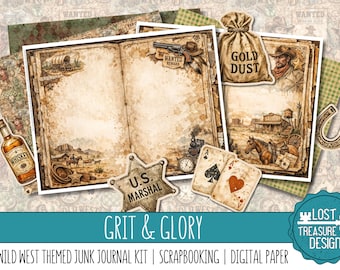 GRIT & GLORY: A Wild West Themed Junk Journal Kit, Embellishments, Digital Scrapbook Papers, Print and Make, Designer papers, cardmaking