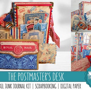 May include: A vintage-themed junk journal kit with a postal theme. The kit includes various paper ephemera, envelopes, and decorative elements in red, blue, and beige tones. The text "ROYAL MAIL" is visible on an envelope. The kit is titled "THE POSTMASTER'S DESK".