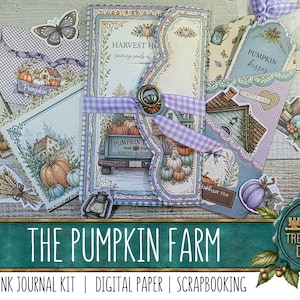 May include: A paper craft folio and junk journal kit featuring harvest themes with pumpkins, farm trucks, and autumn foliage. The set includes a central folder tied with a purple gingham ribbon, decorative tags, envelopes, and cutouts with text.