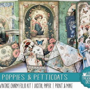 POPPIES & PETTICOATS A Vintage Charm Folio Kit, Papercraft Printable Kit mit Verzierungen, Digitale Papiere, Drucken und Herstellen, Vintage Geschenk