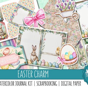 EASTER CHARM: Um kit de diário de aquarela extravagante, enfeites, papéis de scrapbook digital, imprimir e fazer, papéis de designer, criação de cartões