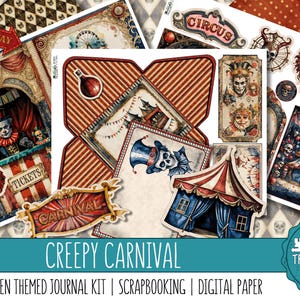 Könnte beinhalten: Eine Sammlung von Halloween-Themen-Elementen für Scrapbooking und Journaling-Kits. Das Bild zeigt Illustrationen eines Zirkus, Karnevalsbanner, Tickets und eines Heißluftballons. Die Farbpalette umfasst Rot-, Blau- und Cremetöne mit einer Vintage-Ästhetik.