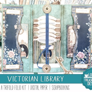 VICTORIAN LIBRARY: Ein Trifold Folio mit Wasserfall-Taschen. Verzierungen, Digital Scrapbooking, Print & Make, Designerpapiere, Vintage Geschenk