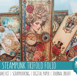 Puede incluir: Folio tríptico Steampunk con estética vintage. El diseño presenta una mujer con rosas, engranajes y esferas de reloj. La paleta de colores incluye tonos de marrón, verde azulado y crema. El texto de la imagen dice "Steampunk Trifold Folio".