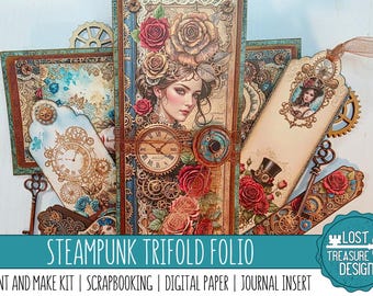 Steampunk Trifold Folio: Utskrivbar vattenfallsficka skräpjournal (digital nedladdning)