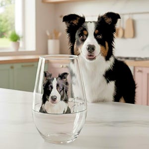 May include: A stemless wine glass featuring a black and white dog portrait. A dog of the same breed is in the background. The glass sits on a white countertop in a kitchen. The word "Fun" is written on the glass.
