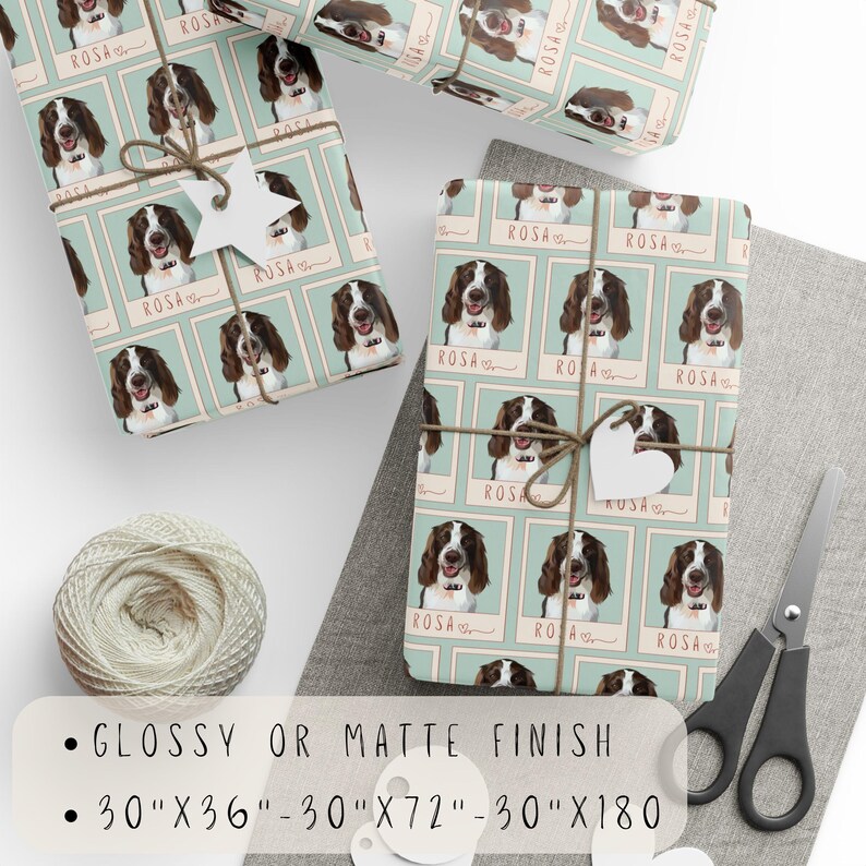 May include: Gift wrap featuring a repeated pattern of a brown and white dog with the name "ROSA" printed in a vintage style font. The wrapping paper is available in glossy or matte finish and in three sizes: 30 inches by 36 inches, 30 inches by 72 inches, and 30 inches by 180 inches.