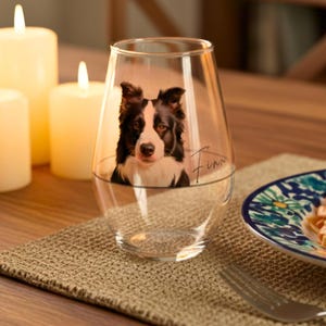 May include: A clear stemless wine glass with a black and white Border Collie dog portrait. The dog's name, "Finn", is written in cursive on the glass. The glass is on a woven placemat, with lit candles in the background.