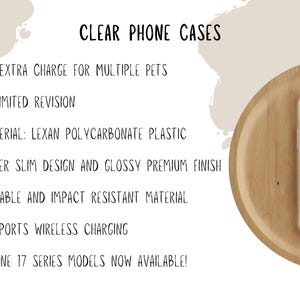 May include: Clear phone case featuring a design of four dogs. The case is made of Lexan polycarbonate plastic and has a glossy finish. The text on the image says "CLEAR PHONE CASES" and lists features like wireless charging support.