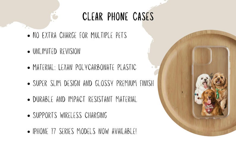 May include: Clear phone case featuring a design of four dogs. The case is made of Lexan polycarbonate plastic and has a glossy finish. The text on the image says "CLEAR PHONE CASES" and lists features like wireless charging support.