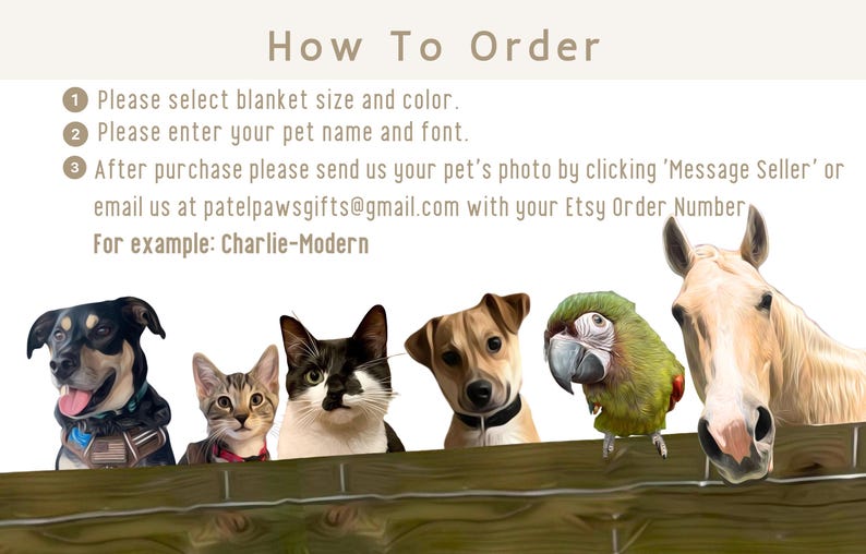 May include: How to order a custom pet portrait blanket.  Instructions include selecting the blanket size and color, entering the pet's name and font, and sending a photo of the pet.  The image shows a dog, cat, parrot, and horse.