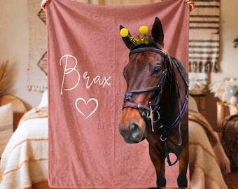 Personalized Horse Photo and Name Blanket, Dog Memorial Gift, Pet Loss Sympathy Throw, Picture Collage Velveteen Plush for Horse Lover