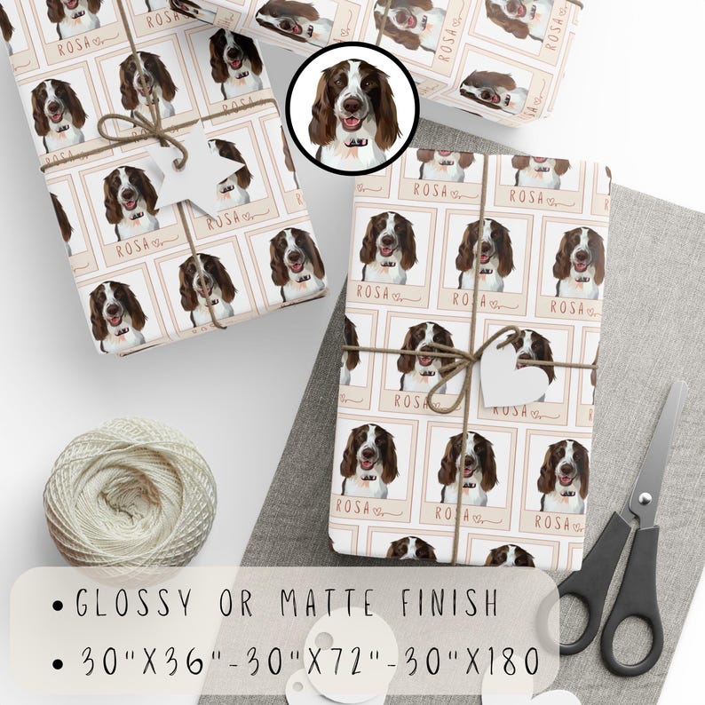 May include: White wrapping paper with a repeating pattern of a brown and white dog's face in a square frame with the word "ROSA" written below. The paper is available in glossy or matte finish and in three sizes: 30 inches by 36 inches, 30 inches by 72 inches, and 30 inches by 180 inches.