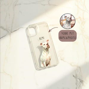 May include: Clear phone case featuring a watercolor portrait of a white dog with brown accents. The dog's name, "Remi," is printed in small, light letters. A small circular image of the dog is also included, along with the text "YOUR PET NAME & PHOTO."