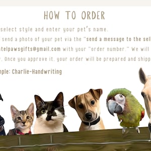 May include: Illustration of a dog, cat, parrot, and horse. Text above reads "HOW TO ORDER" with instructions on how to order a custom pet portrait. The example given is "Charlie-Handwriting".
