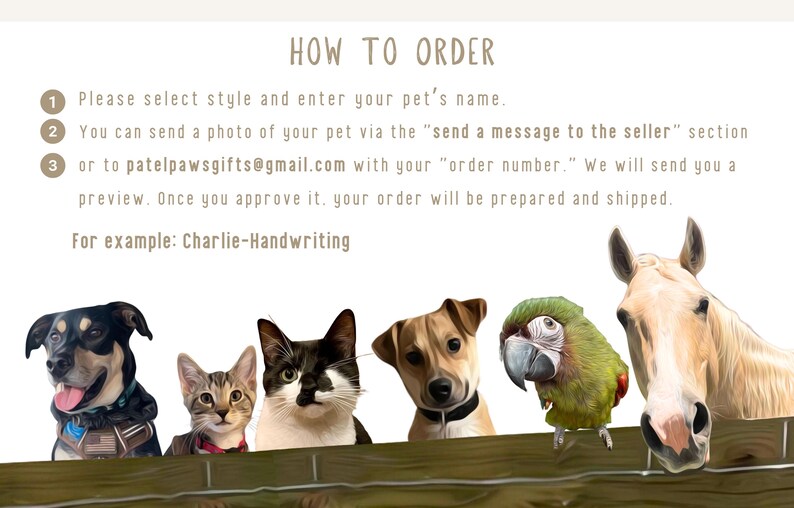 May include: Illustration of a dog, cat, parrot, and horse. Text above reads "HOW TO ORDER" with instructions on how to order a custom pet portrait. The example given is "Charlie-Handwriting".