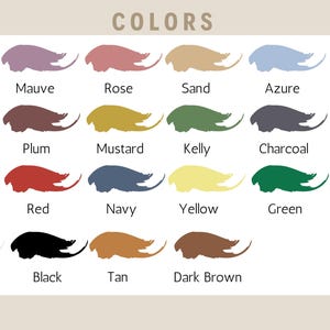 May include: A chart showing 18 different colors with their names. The colors are arranged in four rows of six colors each. The colors are: lavender, mauve, rose, sand, azure, sage, pink, plum, mustard, kelly, charcoal, gray, orange, red, navy, yellow, green, turquoise, light brown, black, tan, and dark brown.