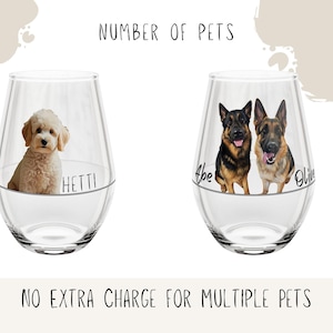 May include: Stemless wine glasses with custom pet portraits. One glass features a small, light-coloured dog named Hetti. The other glass displays two German Shepherds, labelled Abe and Olive. The text "NUMBER OF PETS" is above the glasses.