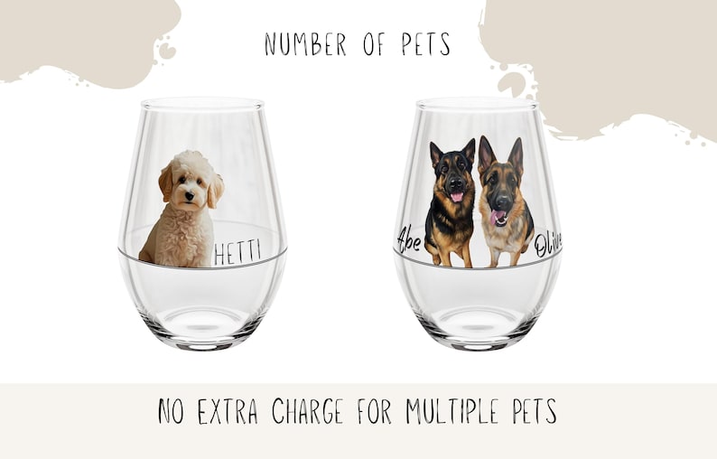 May include: Stemless wine glasses with custom pet portraits. One glass features a small, light-coloured dog named Hetti. The other glass displays two German Shepherds, labelled Abe and Olive. The text "NUMBER OF PETS" is above the glasses.