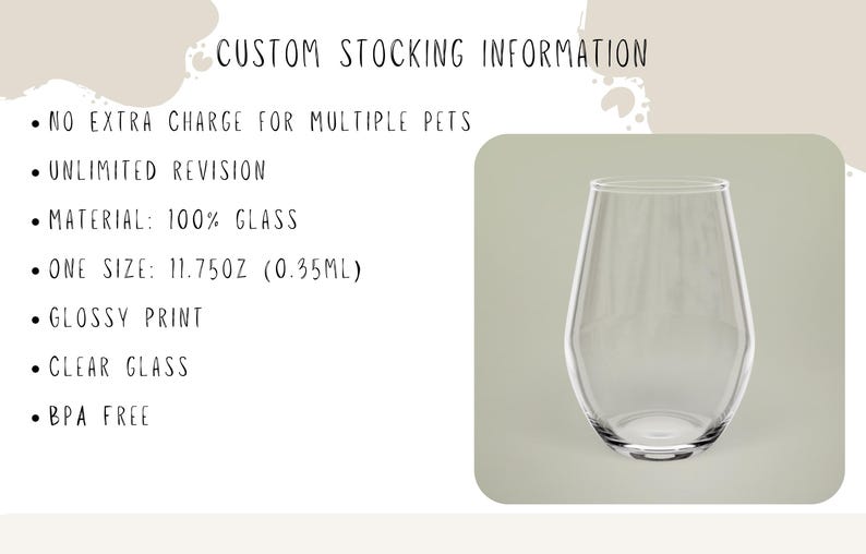May include: A clear, stemless wine glass with a rounded base and a slightly flared rim. The glass is made of clear glass and has a capacity of 350 ml. The image also includes text that says "CUSTOM STOCKING INFORMATION".