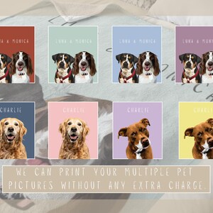 May include: A blanket with a variety of colors and designs featuring different dog breeds. The blanket has a message that says "We can print your multiple pet pictures without any extra charge".