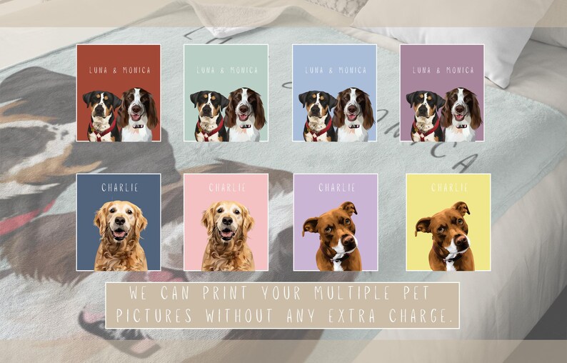 May include: A blanket with a variety of colors and designs featuring different dog breeds. The blanket has a message that says "We can print your multiple pet pictures without any extra charge".