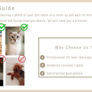 May include: A guide with tips on how to take good photos of pets for custom artwork. The guide shows examples of good photos with check marks and bad photos with red X marks. The guide also lists reasons to choose this service, including 24-hour message support, unlimited revisions, and satisfaction guaranteed.