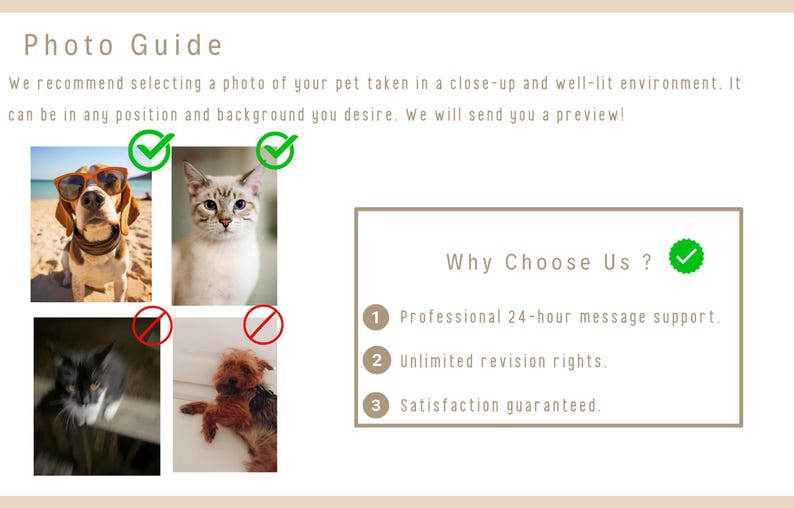May include: A guide with tips on how to take good photos of pets for custom artwork. The guide shows examples of good photos with check marks and bad photos with red X marks. The guide also lists reasons to choose this service, including 24-hour message support, unlimited revisions, and satisfaction guaranteed.