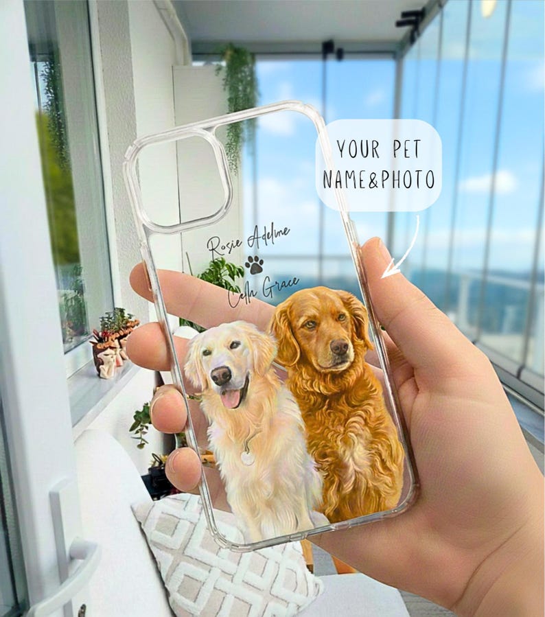 May include: Clear phone case featuring a custom design with two golden retriever dogs. The case includes the text "YOUR PET NAME & PHOTO", along with the names "Rosie Adeline" and "Cath Grace".