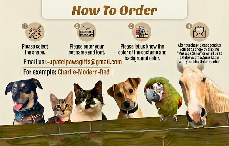 May include: An illustrated guide titled "How To Order" with instructions for custom pet portraits. The image features a dog, cat, and other animals. Instructions include selecting a shape, entering a pet's name, and choosing colors.