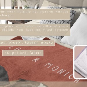 May include: A red fleece blanket with a personalized design featuring a dog portrait and the names "Lily & Monica". The blanket is super soft and comes in three sizes: 30x40 inches, 50x60 inches, and 60x80 inches.