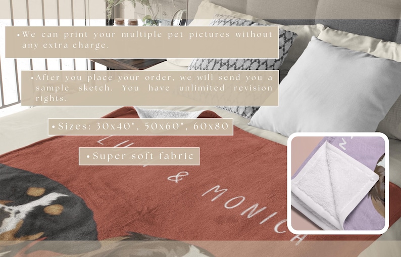 May include: A red fleece blanket with a personalized design featuring a dog portrait and the names "Lily & Monica". The blanket is super soft and comes in three sizes: 30x40 inches, 50x60 inches, and 60x80 inches.