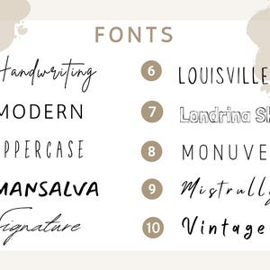 May include: A graphic showcasing ten different font styles, including Handwriting, Modern, Uppercase, Mansalva, Signature, Louisville, Londrina Sketch, Monuvers, Mistrully, and Vintage. The word "FONTS" is at the top.
