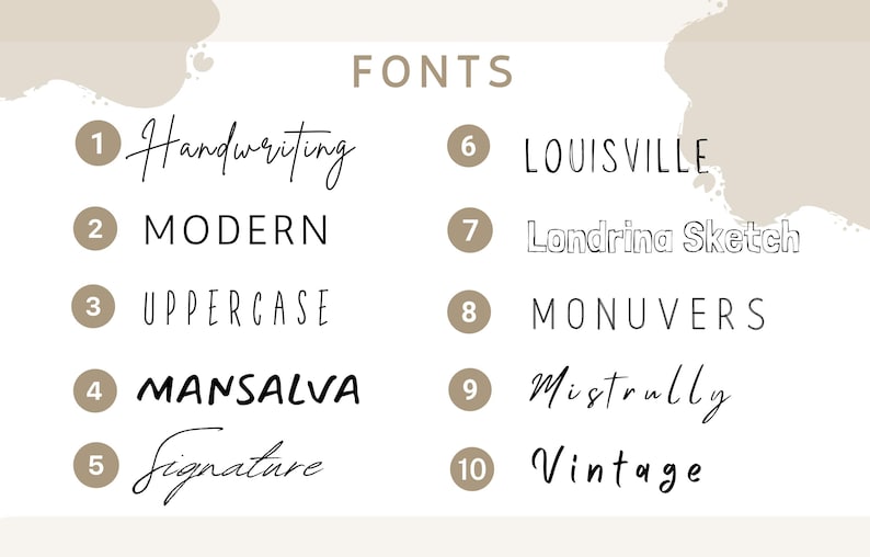 May include: A graphic showcasing ten different font styles, including Handwriting, Modern, Uppercase, Mansalva, Signature, Louisville, Londrina Sketch, Monuvers, Mistrully, and Vintage. The word "FONTS" is at the top.
