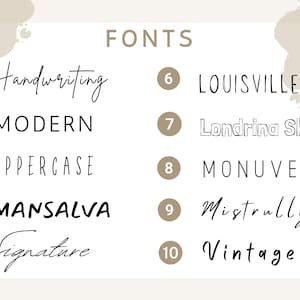 May include: A list of 10 different fonts with their names and numbers. The fonts are categorized as Handwriting, Modern, Uppercase, Mansalva, Signature, Louisville, Londrina Sketch, Monuvers, Mistrully, and Vintage.