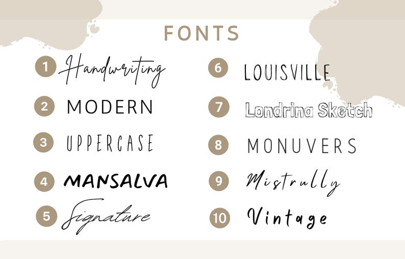 May include: A list of 10 different fonts with their names and numbers. The fonts are categorized as Handwriting, Modern, Uppercase, Mansalva, Signature, Louisville, Londrina Sketch, Monuvers, Mistrully, and Vintage.