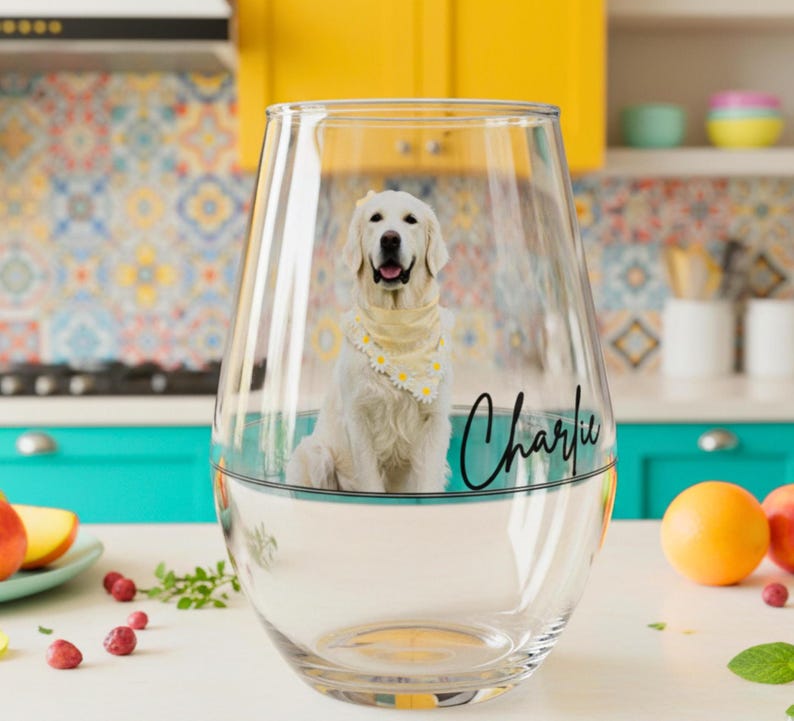 May include: A clear, stemless wine glass with the name "Charlie" in black script. Inside the glass is a Golden Retriever wearing a yellow bandana with white daisy accents. The dog is sitting in a turquoise-coloured liquid.