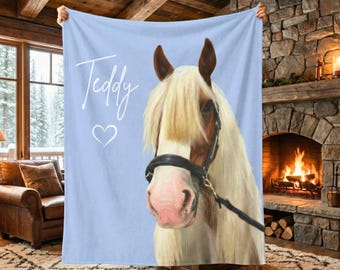 Personalized Horse Memorial Blanket, Custom Horse Photo Collage, Sympathy Gift for Horse Lover, Pet Loss Keepsake Throw, Name & Picture